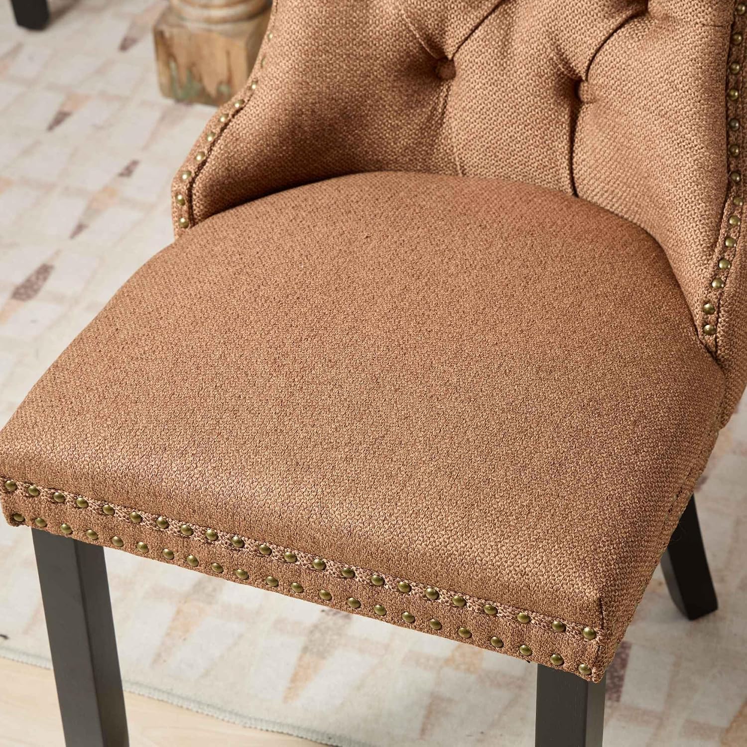 Ball & Cast Contemporary Upholstered Dining Chairs Set of 2, Flax Button Tufted Kitchen Side-Chairs with Hang Ring & Nailhead Trims & Wood Legs, 2-Piece Backrest Traditional Chair, Black+Coffee