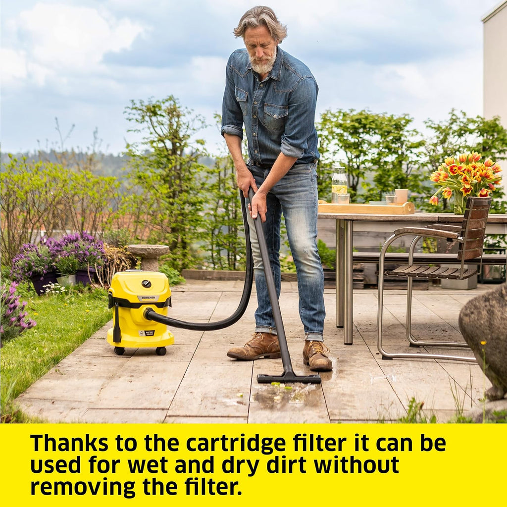 Kärcher WD 2-18 Battery Powered Wet Dry Shop Vacuum Cleaner with Blower Function & Attachements, Multi Purpose, 225 W- Cartridge Filter, Fleece Bag, Floor & Crevice Nozzle, 3.2 Gal - Tool Only