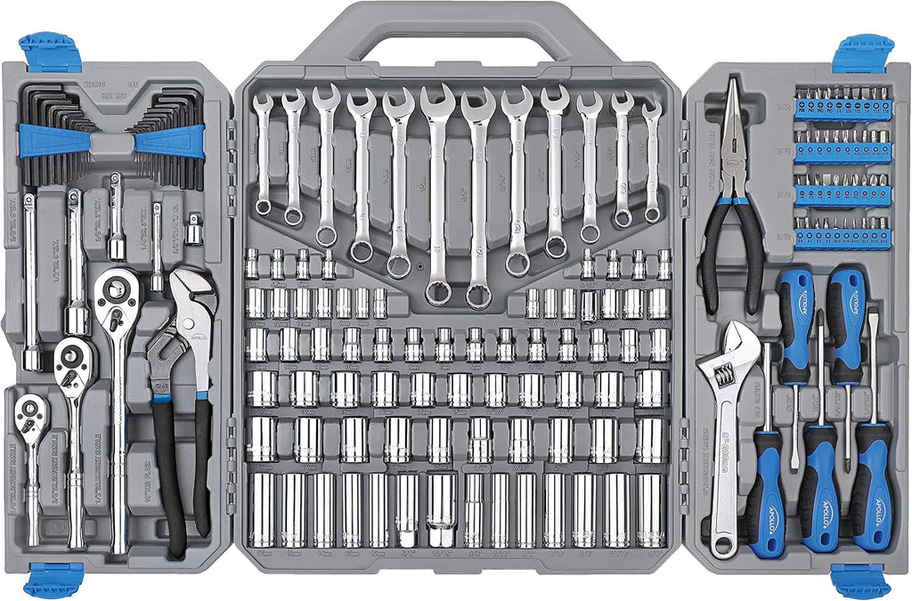 Apollo Tools 163 Piece SAE and Metric Mechanics and Automotive Tool Set with 72-Teeth Ratchets and Extensive Socket Assortment in Chrome Vanadium Steel Construction - Blue- DT0002