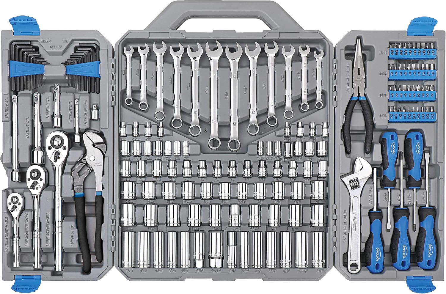 Apollo Tools 163 Piece SAE and Metric Mechanics and Automotive Tool Set with 72-Teeth Ratchets and Extensive Socket Assortment in Chrome Vanadium Steel Construction - Blue- DT0002