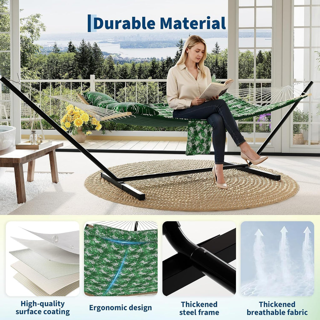 GarveeHome Portable 2 Person Double Hammock with Sturdy Heavy-Duty Steel Stand – 450LBS Max Load, Quick & Effortless Assembly, Perfect for Indoor Living, Yard, Patio & Camping Trips