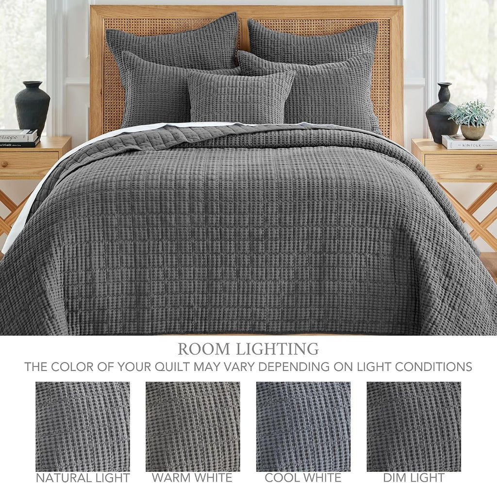 Levtex Home Mills Waffle Full/Queen Quilt Set (88x92in) with 2 Pillow Shams (26x20in) - Charcoal - 100% Cotton Full/Queen Size Quilt Bedding Set - Lightweight, Soft, Pre-Washed