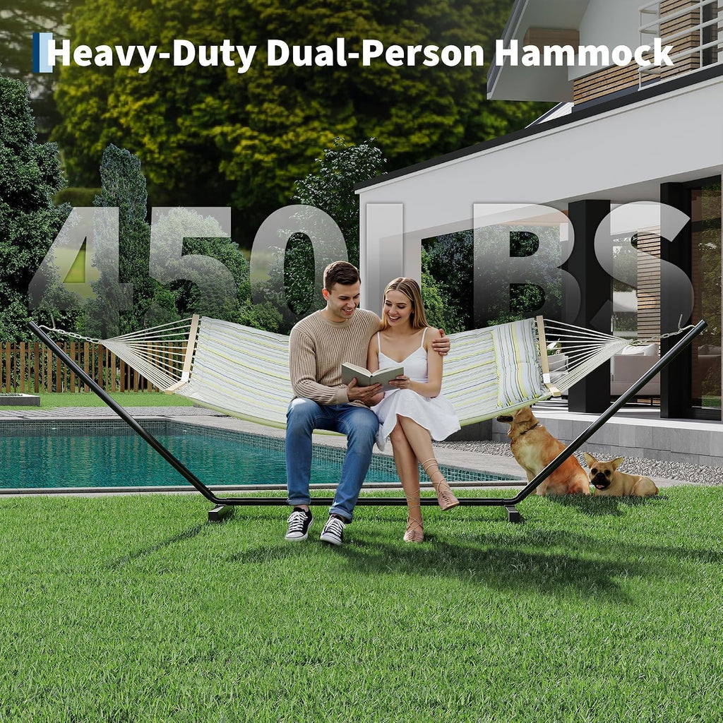 GarveeHome Portable 2 Person Double Hammock with Sturdy Heavy-Duty Steel Stand – 450LBS Max Load, Quick & Effortless Assembly, Perfect for Indoor Living, Yard, Patio & Camping Trips