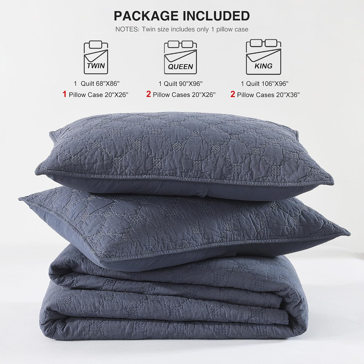 HORIMOTE HOME 55% Linen Front/100% Cotton Back Quilt Set King Size, Steel Blue Pre-Washed Cotton Linen Quilt Set, Geometric Stitched Pattern Bedspread Coverlet Bedding Set 3-Piece for All Seasons