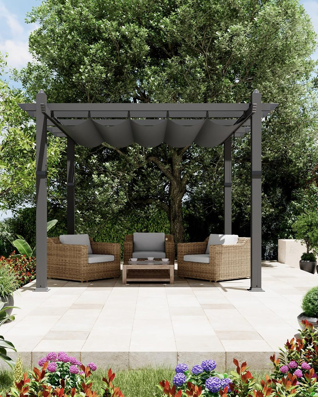 GarveeLife 10x10 ft Aluminum Pergola, Outdoor Metal Pergola with Adjustable Canopy, Reinforced Frame Outdoor Shelter for Backyard, Lawn and Deck - Gray