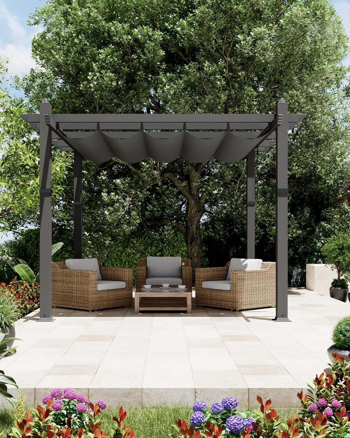 GarveeLife 10x10 ft Aluminum Pergola, Outdoor Metal Pergola with Adjustable Canopy, Reinforced Frame Outdoor Shelter for Backyard, Lawn and Deck - Gray