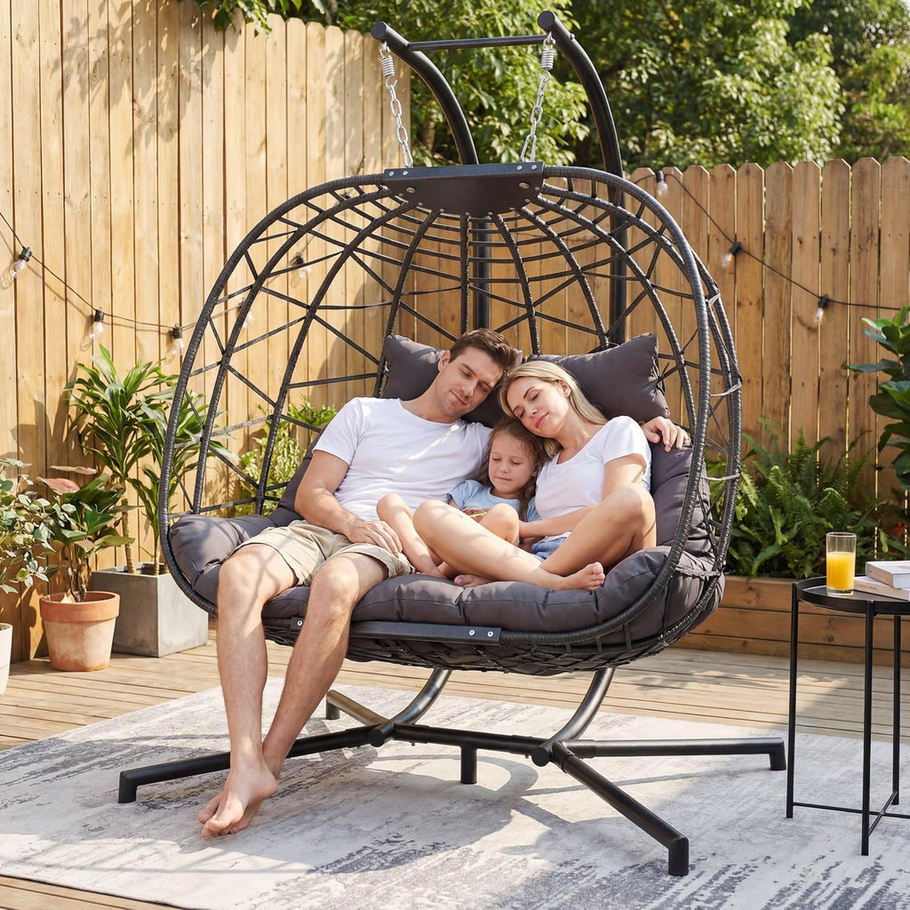 RADIATA Double Swing Chair, 2 Person Swing Chair, Double Egg Chair Outdoor with Stand, Egg Chair Outdoor 2 Person with Cushion & Pillow, Rattan Hanging Wicker Seat for Patio Garden (Grey Oversized)