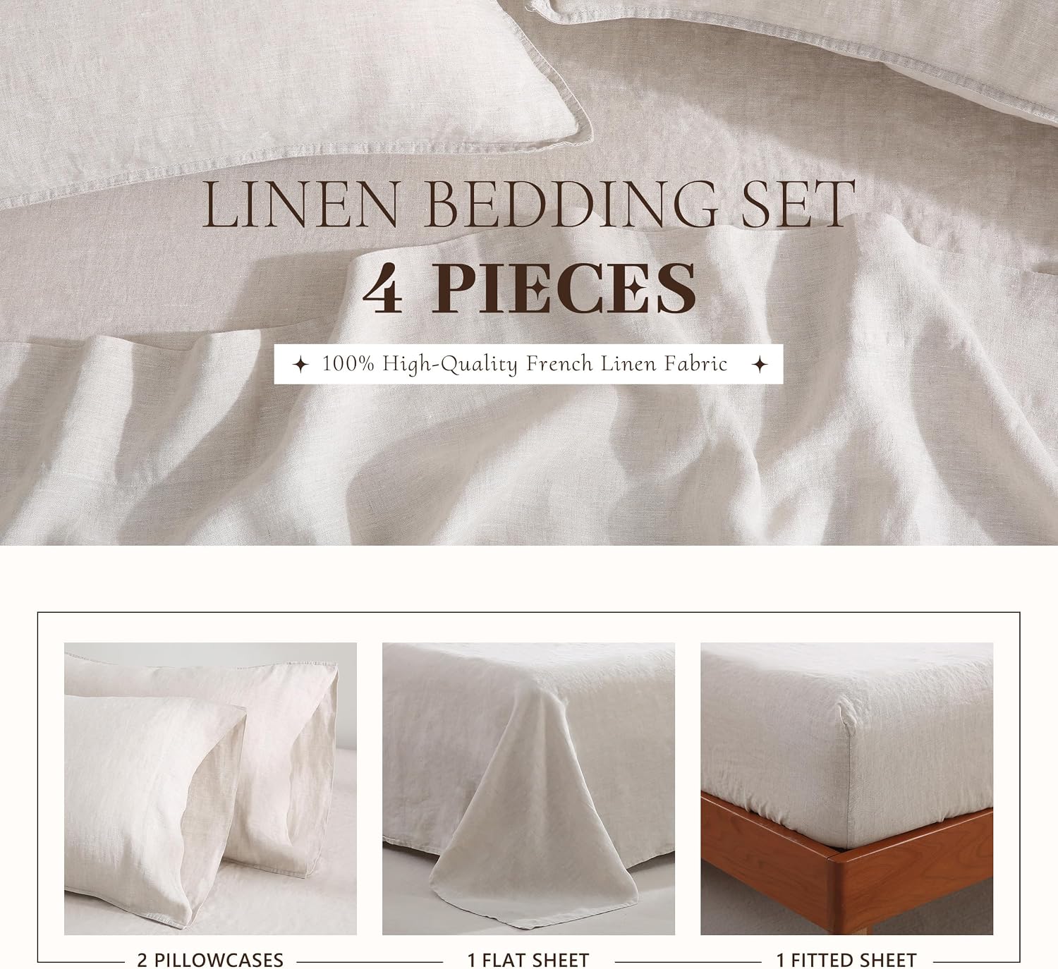 Linen Sheets Set -100% French Flax Bed Sheets 4PCS Full Size-16'' Deep Pocket Natural Washed Soft Breathable and Durable- 1 Flat Sheet 1 Fitted Sheet 2 Pillowcases (Natural Linen, Full)