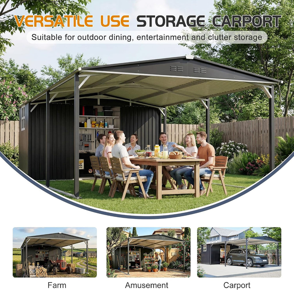 KEIKI 12x23 FT Heavy Duty Metal Carport with Storage Shed, Steel Garage Shelter with Sliding Door, Waterproof Sloped Roof, UV Protection Panels, Outdoor Car Canopy for Car, Boat, Tractor