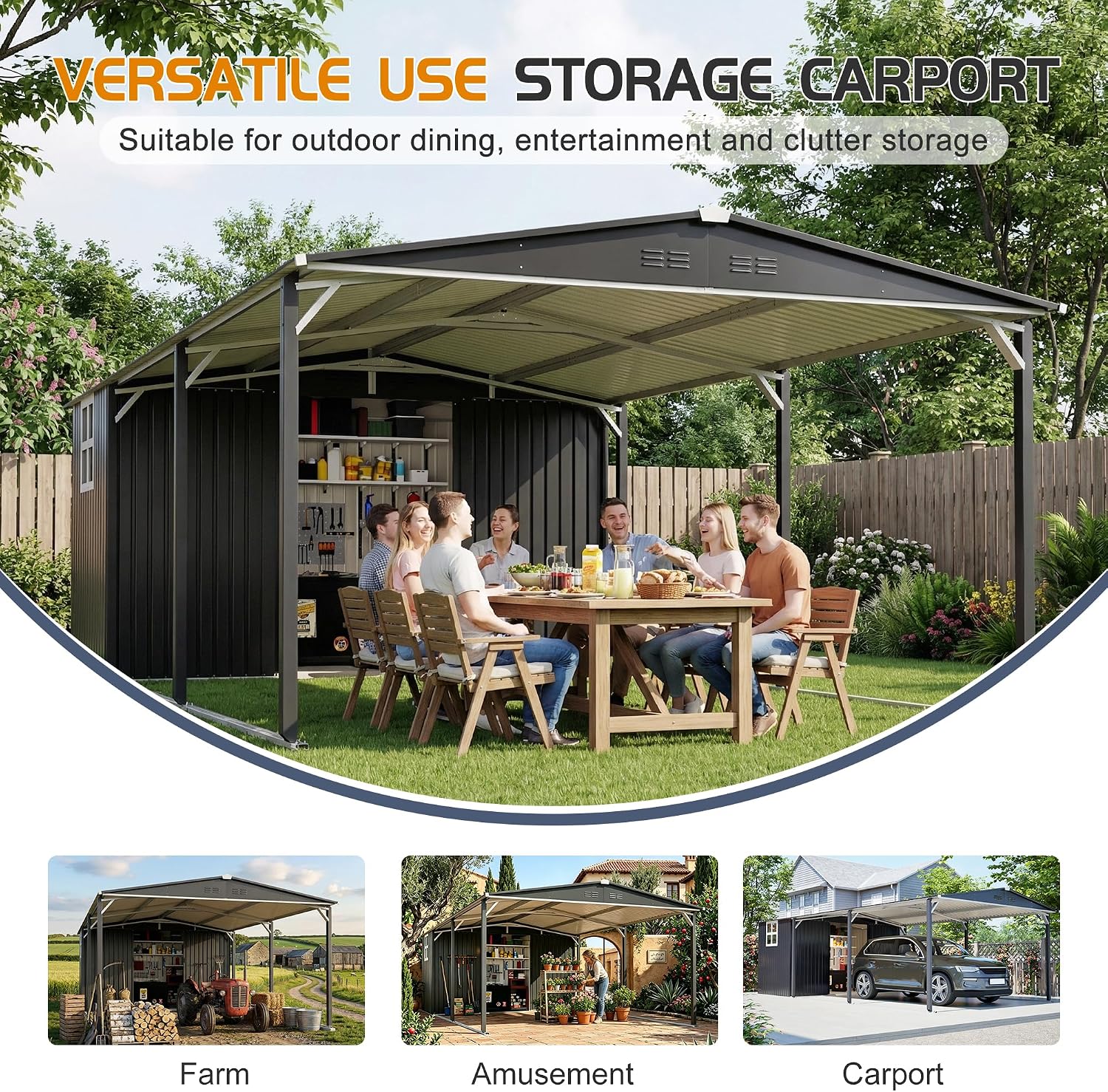 KEIKI 12x23 FT Heavy Duty Metal Carport with Storage Shed, Steel Garage Shelter with Sliding Door, Waterproof Sloped Roof, UV Protection Panels, Outdoor Car Canopy for Car, Boat, Tractor