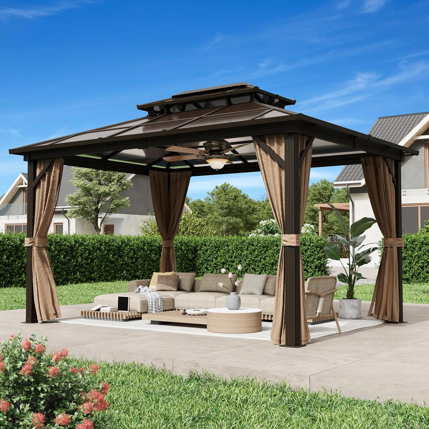 MELLCOM 10 x 13ft Hardtop Gazebo, Polycarbonate Double Roof Aluminum Gazebo, Outdoor Waterproof Canopy with Netting and Curtains for Backyard, Deck, Patio