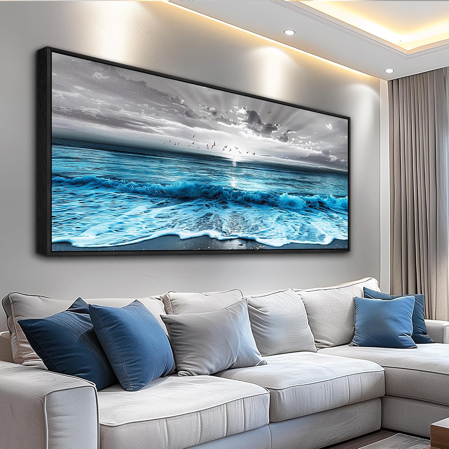 ERQINHUA Large Canvas Black Frame Wall Decor For Living Room Blue Sea Wave Ocean Painting Wall Art For Bedroom Office Dining room Decorations Beach Artworks Wall Pictures Modern Home Decor 32x72 In