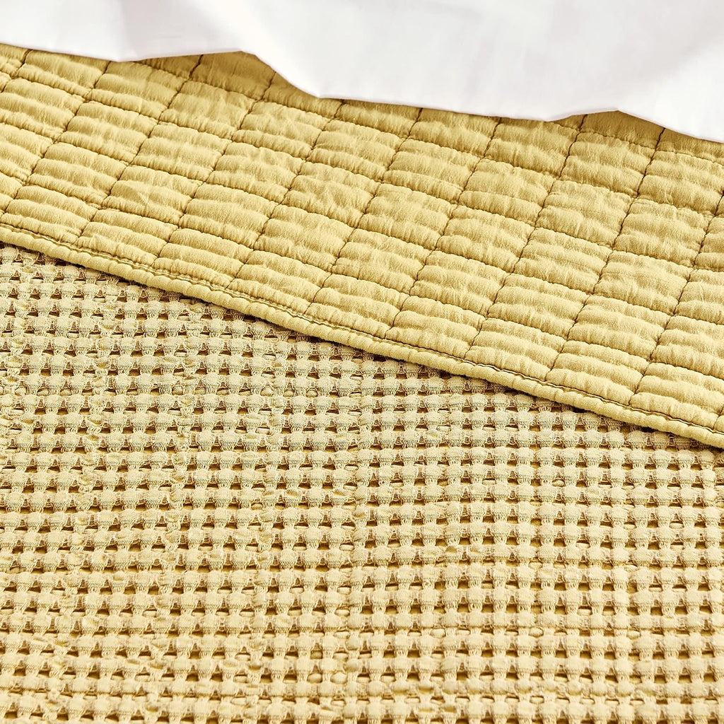 Levtex Home Mills Waffle Queen Bedspread Set (106x106in) with 2 Pillow Shams (26x20in) - Ochre - Cotton Waffle Queen Size Bedspread Set - Lightweight, Soft, Pre-Washed