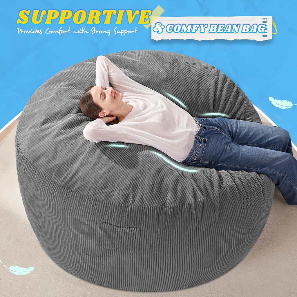 HABUTWAY 5FT Bean Bag Chair,Giant Bean Bag Chairs for Adults,Big Bean Bags with Memory Foam Filled, Large Beanbag Chairs with Soft Corduroy Cover-Grey