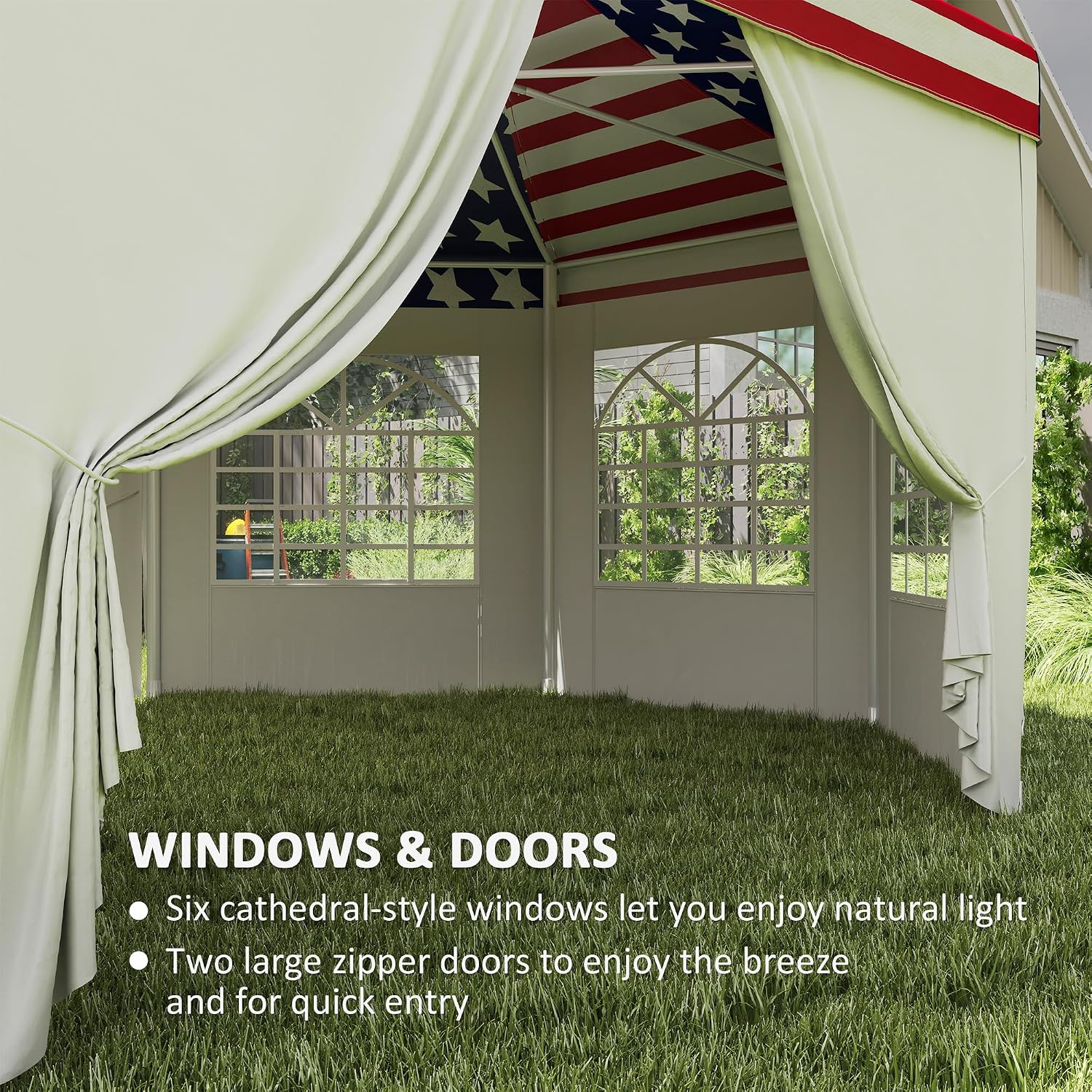 Outsunny 22.3 x 16.4 ft Party Tent, Heavy Duty Event Tent with Sidewalls, 2 Doors and 6 Windows, Outdoor Gazebo Shelter for Wedding, Party, American Flag