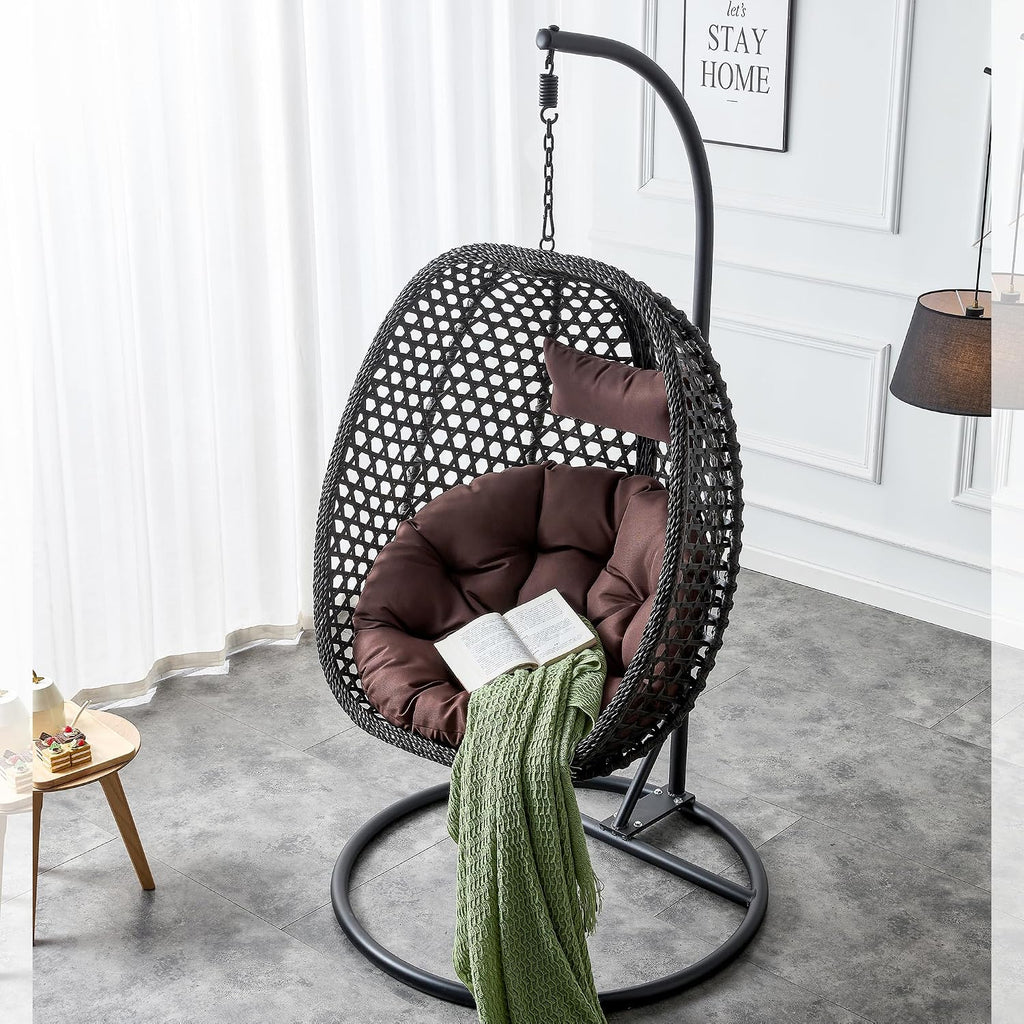 Swining Egg Chair with Stand,Wicker Rattan Hanging Egg Chairs, Patio Swing with UV Resistant Cushion, Outdoor Indoor Hanging with Foldable Basket Metal Stand for Bedroom (Black-S)