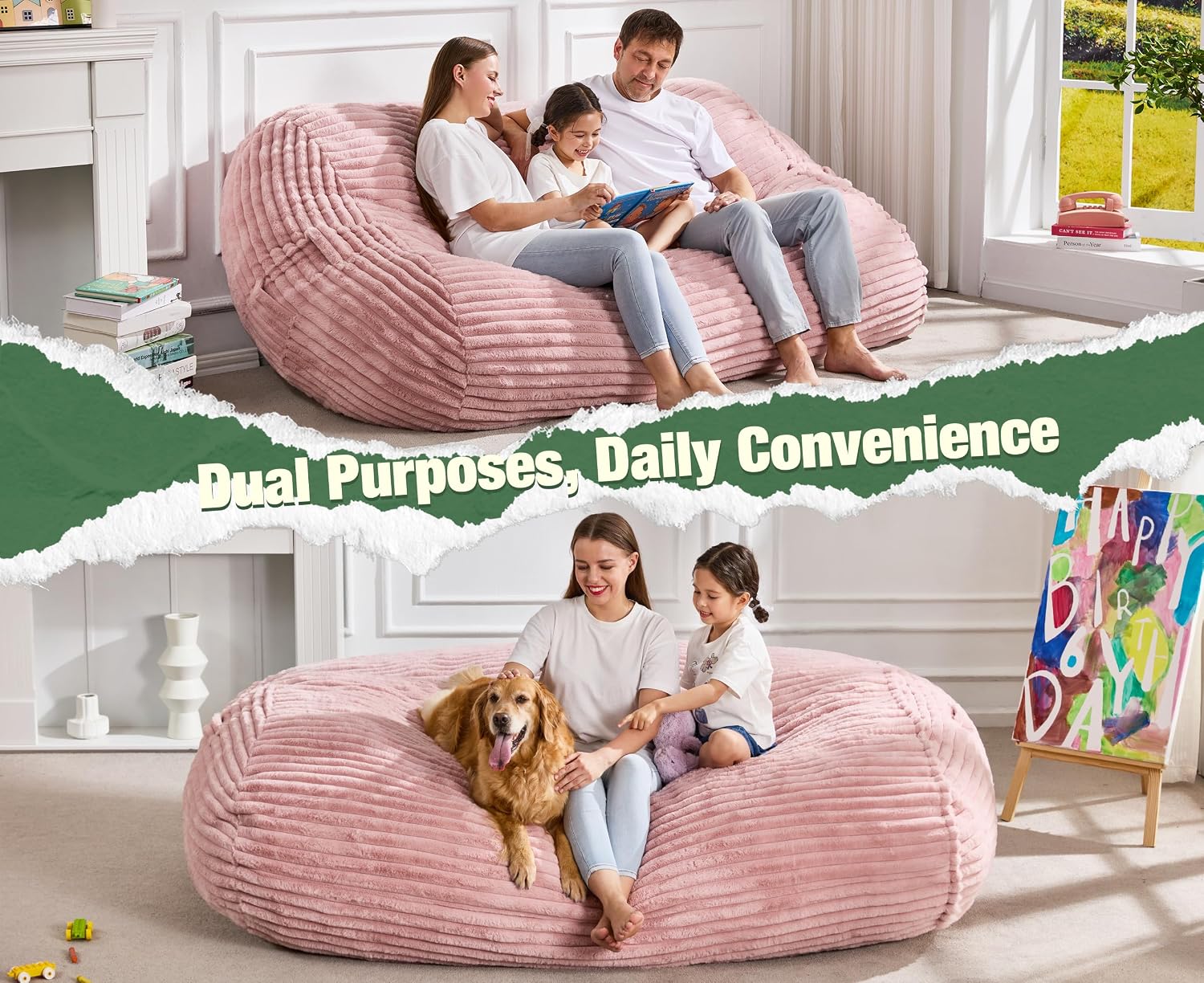 Hobestluk 6FT Bean Bag Chairs Adult Bean Bag with Portable Handle Comfy Large Bean Bag Lounge Chair with Removable Cover for Living Room Bedroom (Stripe Pink, 6FT)