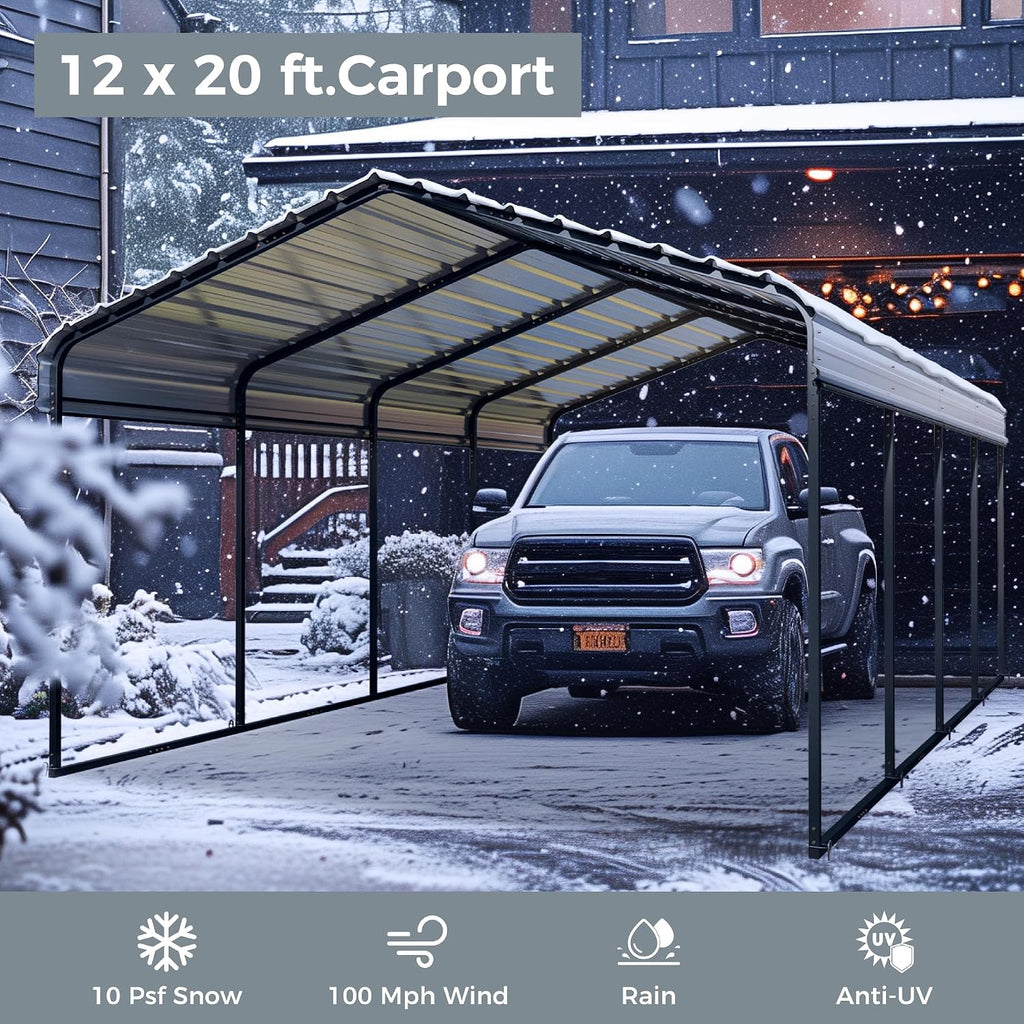 GREEN PARTY 12 x 20 ft Metal Carport Kits with Galvanized Steel Roof & Removable Sidewalls, Heavy Duty Metal Carport Canopy, Outdoor Car Tent Metal Garage Shelter for Car, SUV, Truck and Boats, Grey