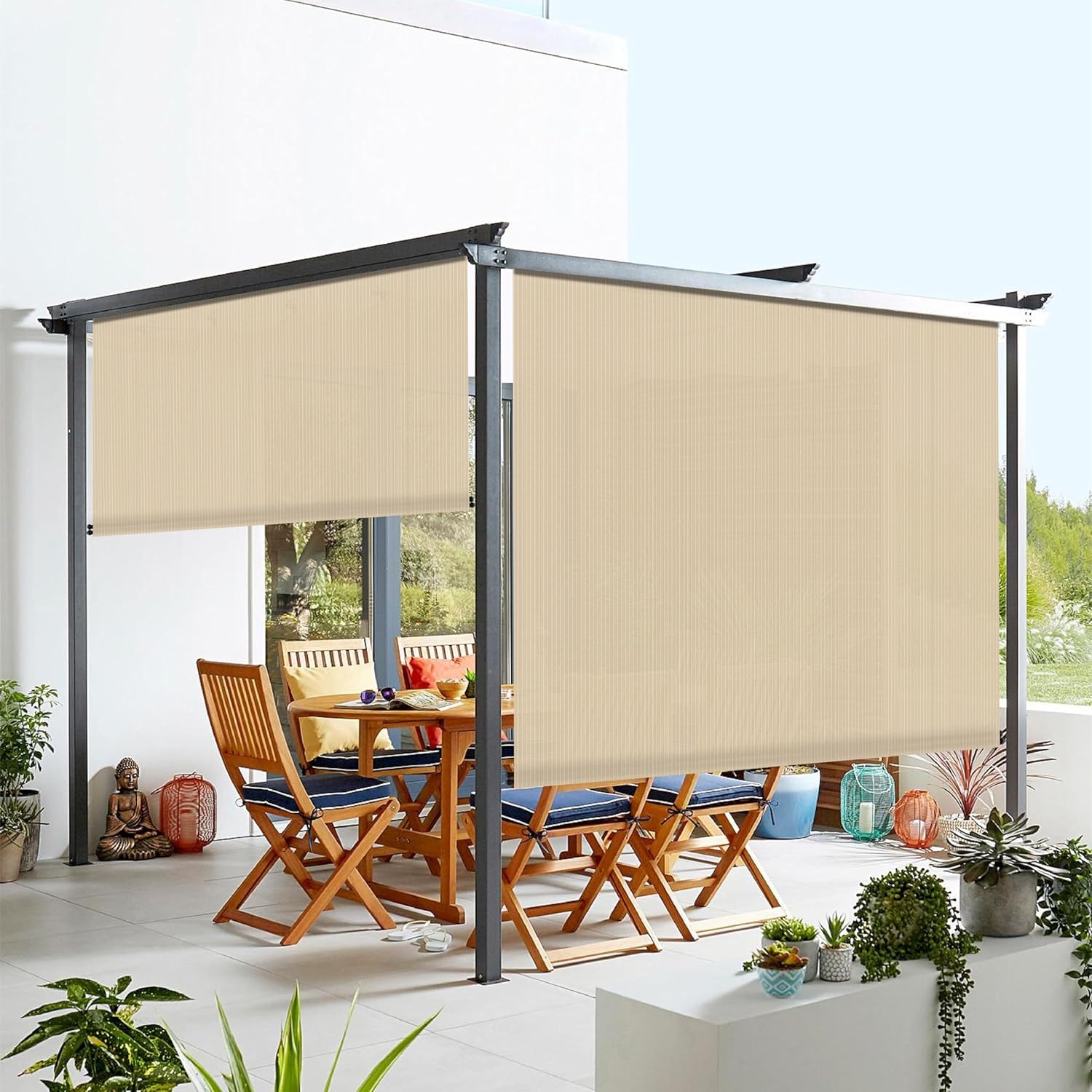 Windscreen4less Outdoor Shade Blinds Patio Roll Up Blackout Shades Exterior Roller Privacy Screen for Pergola Balcony Porch Carport Deck Window, 8' W x 10' L Beige