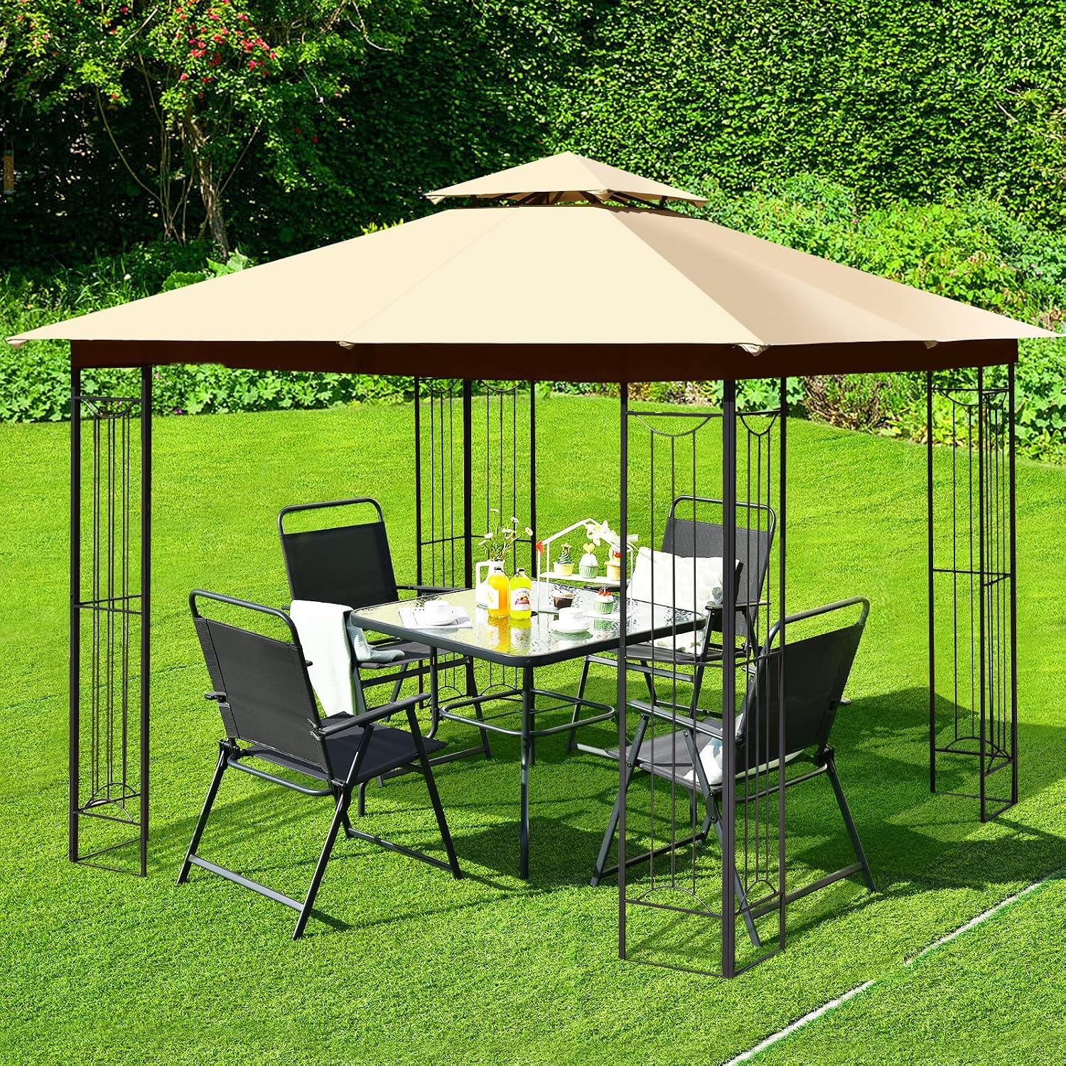 Tangkula 10 x 10 FT Patio Gazebo, Double Roof Outdoor Gazebo with Steel Frame, Patio Pavilion Shelter for Poolside, Deck, Backyard (Beige)