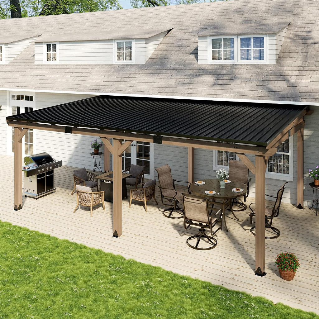 12x20FT Wall Mounted Gazebo Ceder Wood Lean to Gazebo with Sloping Roof Outdoor Hardtop Pergola Awnings with Galvanized Steel Roof for Patio, Deck, Backyard