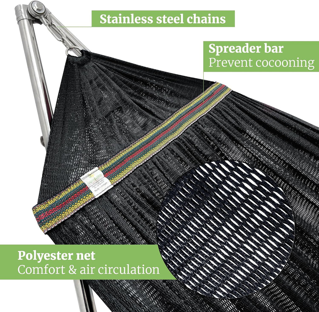 Tranquillo Double Hammock with Stand 650lb Capacity Double Hammock with Spreader Bar, Solid Grade 201 Stainless Steel 30s Set Up, Sturdy Flexible Hammock Stand Portable, Outdoor Indoor, Black