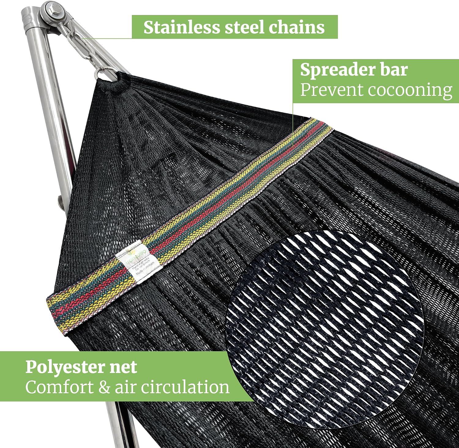 Tranquillo Double Hammock with Stand 650lb Capacity Double Hammock with Spreader Bar, Solid Grade 201 Stainless Steel 30s Set Up, Sturdy Flexible Hammock Stand Portable, Outdoor Indoor, Black