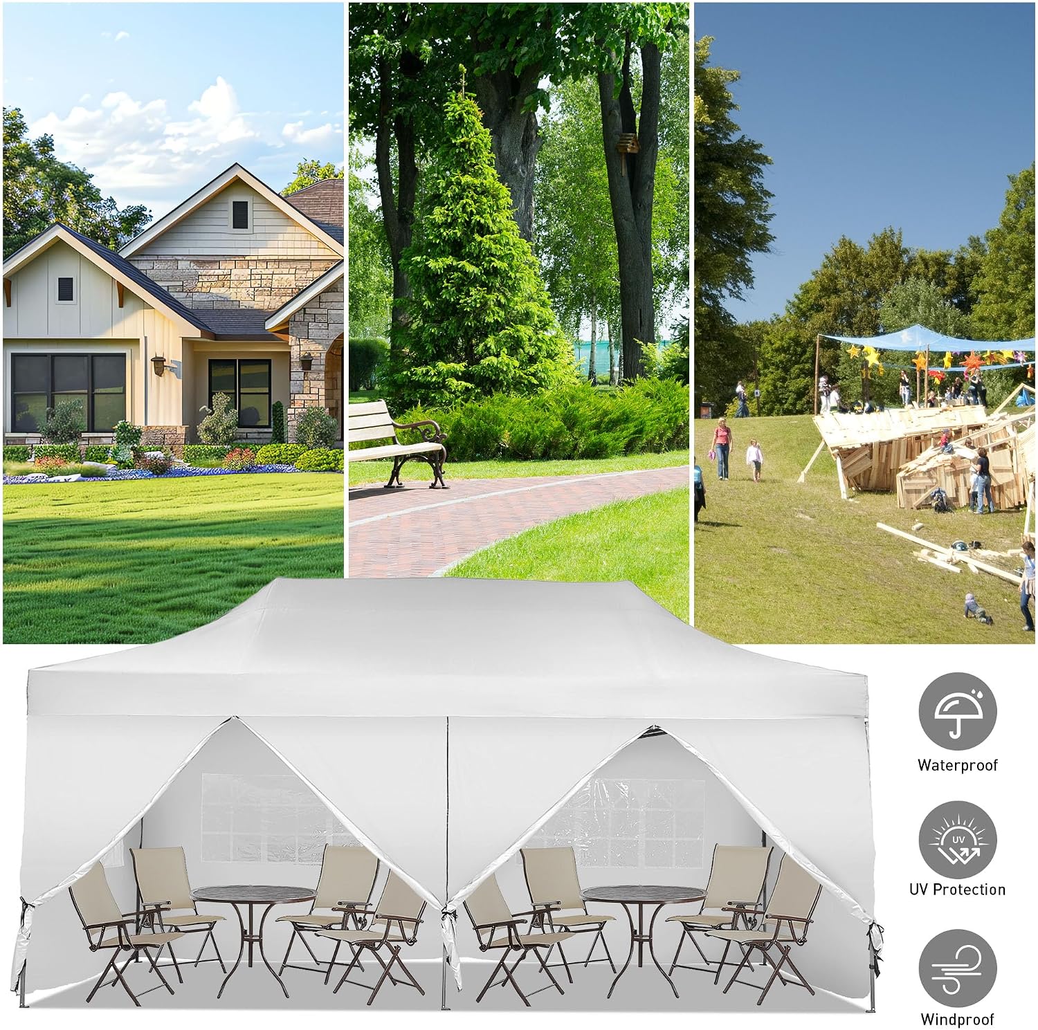 10 x 20 ft Outdoor Pop Up Canopy Tent, Wonlink Commercial Instant Sun Shelter Adjustable Folding Gazebo Party Waterproof Tent with 6 Removable Sidewalls,Heavy Duty Roller Bag.