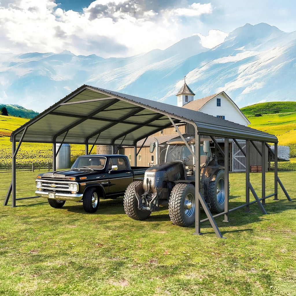 20x20 FT Metal Carport with Updated Roof & Enhanced Base, Heavy Duty Canopy Carport Garage, Vertaile for Car, Truck, Boat, Tractors, Party, Grey