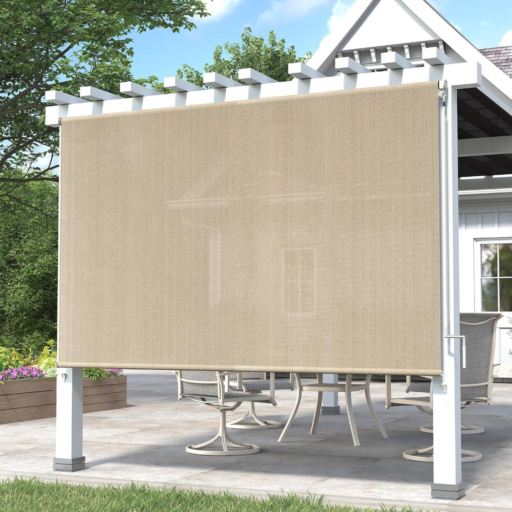 DIFY 9 * 8FT Outdoor Roller Shade, Cordless Patio Roller Up Blinds for Yard Deck Porch, Wand Crank Operation, Wheat