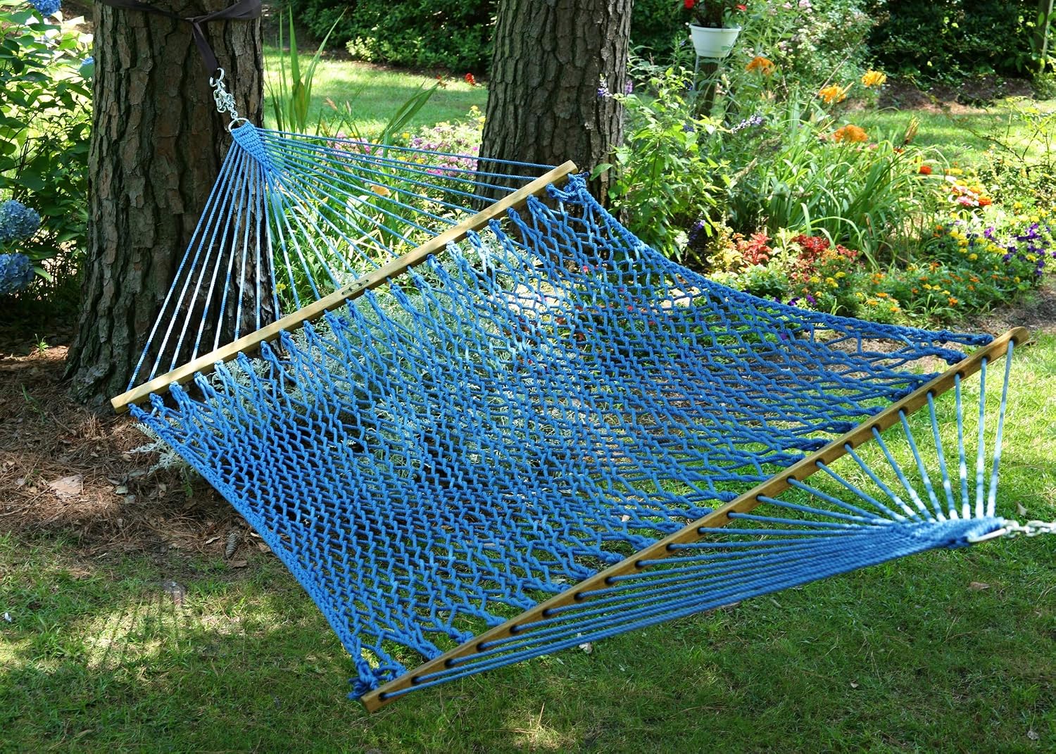 Original Pawleys Island Large Coatal Blue DuraCord Rope Hammock – 13 ft. x 55 in., 2-Person, 450 lb Capacity, Oak Spreader Bar, Zinc-Plated Hardware, Handcrafted in the USA