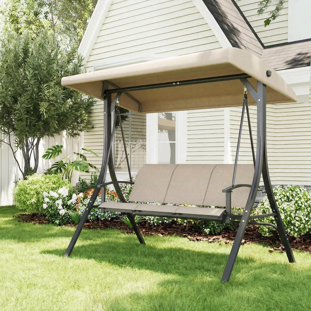 GarveeLife 3-Seat Patio Swing Chair, Outdoor Porch Hanging Chairs with Adjustable Canopy and Armrests, Breathable Textilene Fabric Seat & Backrest, Swing Bench for Garden, Poolside, Backyard, Beige