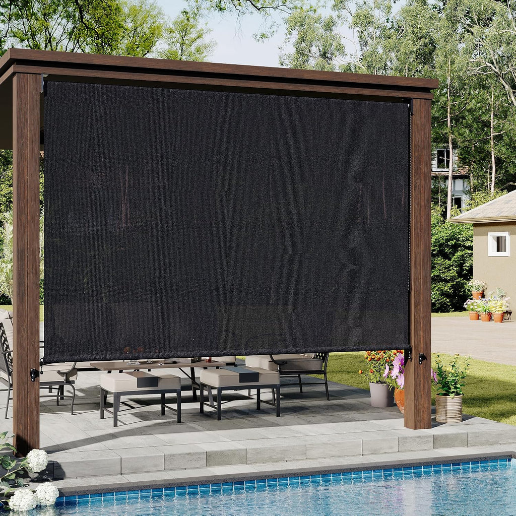 VICLLAX Outdoor Roller Shade (10' W×8' L), Patio Corded Roller Blinds, Exterior Roll Up Shade with Spliced Design for Patio Porch Gazebo, Graphite