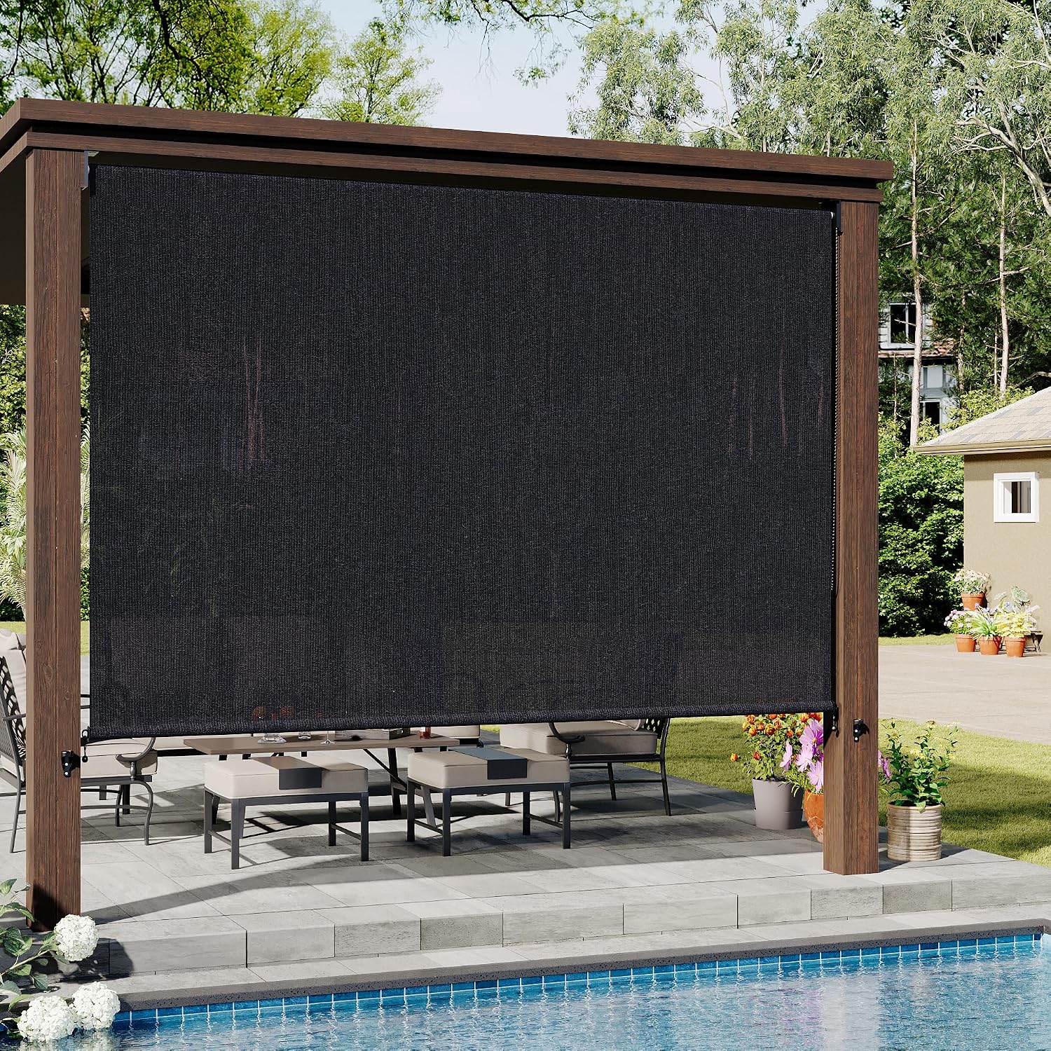VICLLAX Outdoor Roller Shade (10' W×8' L), Patio Corded Roller Blinds, Exterior Roll Up Shade with Spliced Design for Patio Porch Gazebo, Graphite