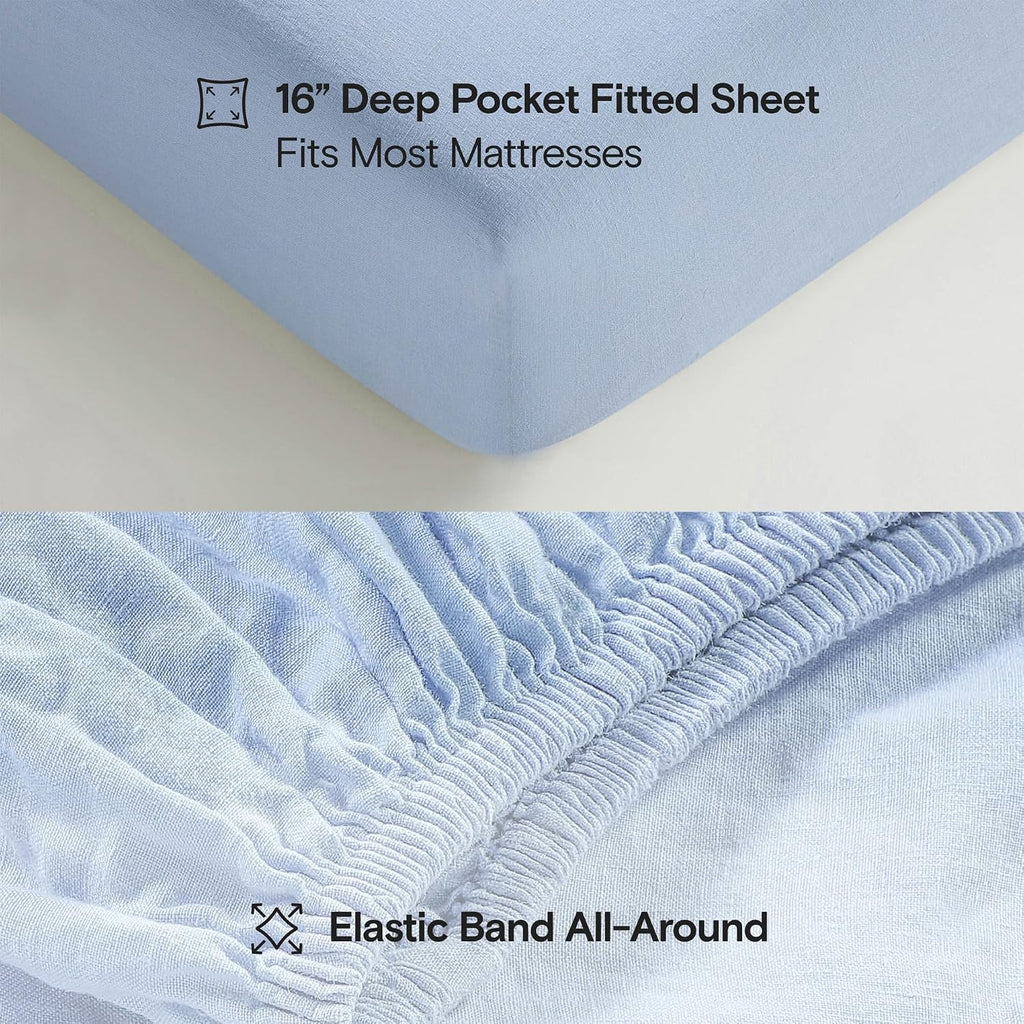 Sijo Stone Washed Organic French Linen Bed Sheet Set, GOTS Certified Organic, Best Cooling Linen Sheet Award by Sleep Foundation, 4 Piece - 2 Pillowcases, 1 Fitted and 1 Flat (Sky, Queen)