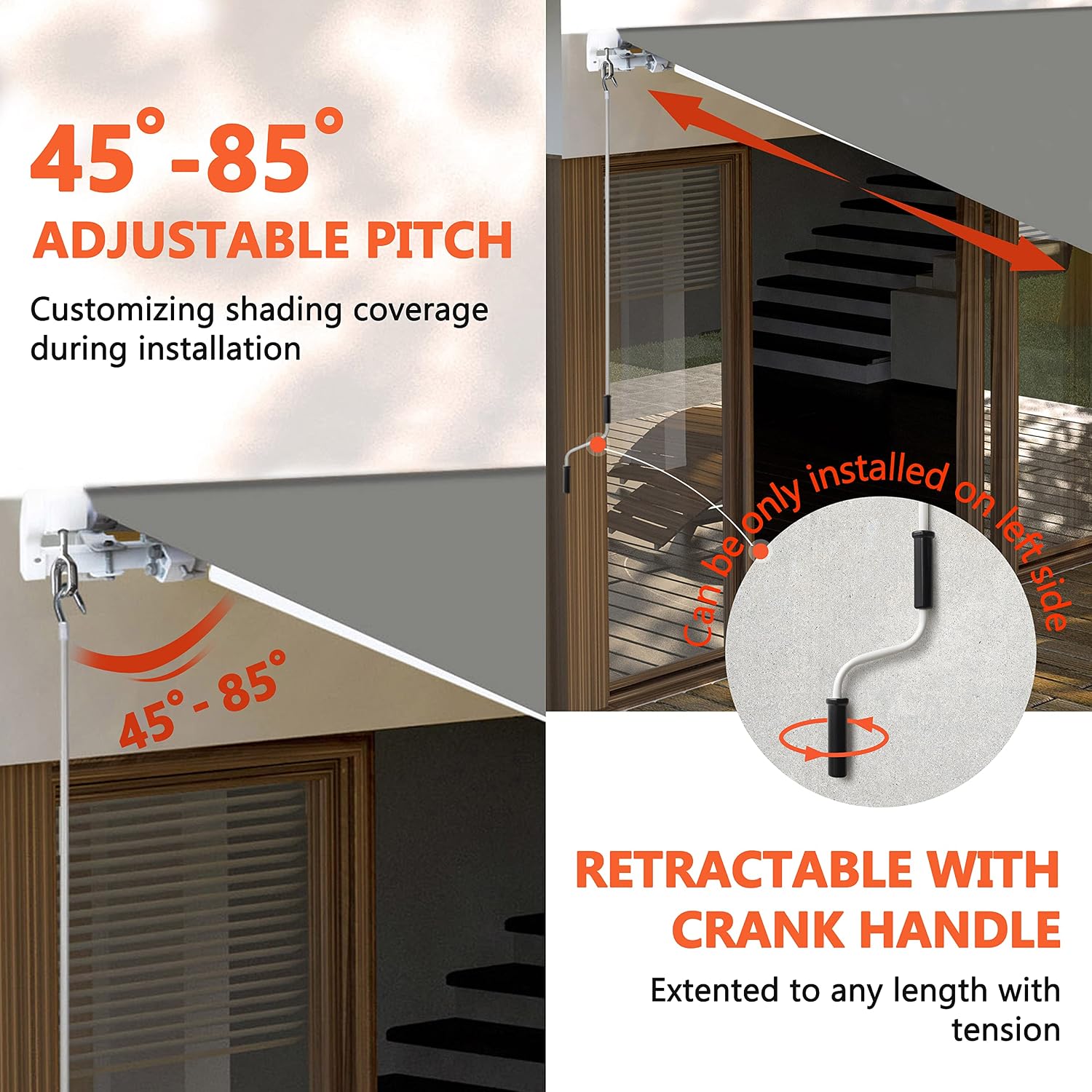 VEIKOU 10' x 8' Retractable Awning, Awnings for Patio w/Adjustable Canopy, Manual Awning Sun Shade Window Door Shelter with Aluminum Frame for Garden, Gray