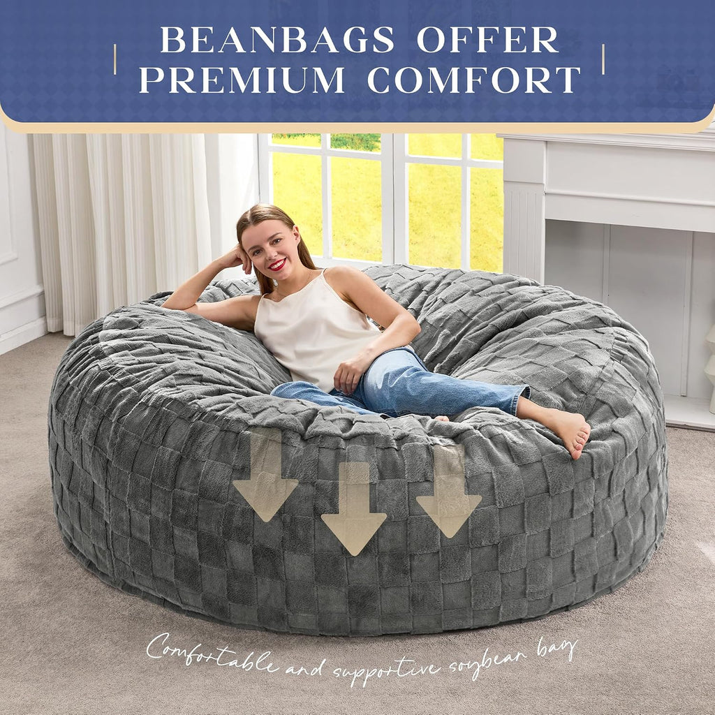 Hobestluk Bean Bag Chairs Beanbag Chair with Filler Adult Bean Bags with Fluffy Cover, Giant Bean Bag Chairs for Aduts for Living Room, Bedroom (Grey, 6FT - 70' x 70' x 15')
