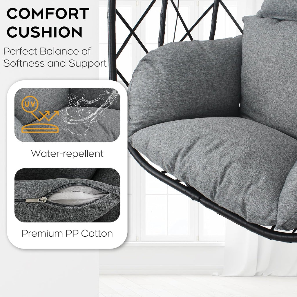 Foldable Hanging Egg Chair with Stand - Wicker Swing Hammock Chair with Cushion - for Patio Porch Balcony Weight Capacity 350lbs (Light Gray)