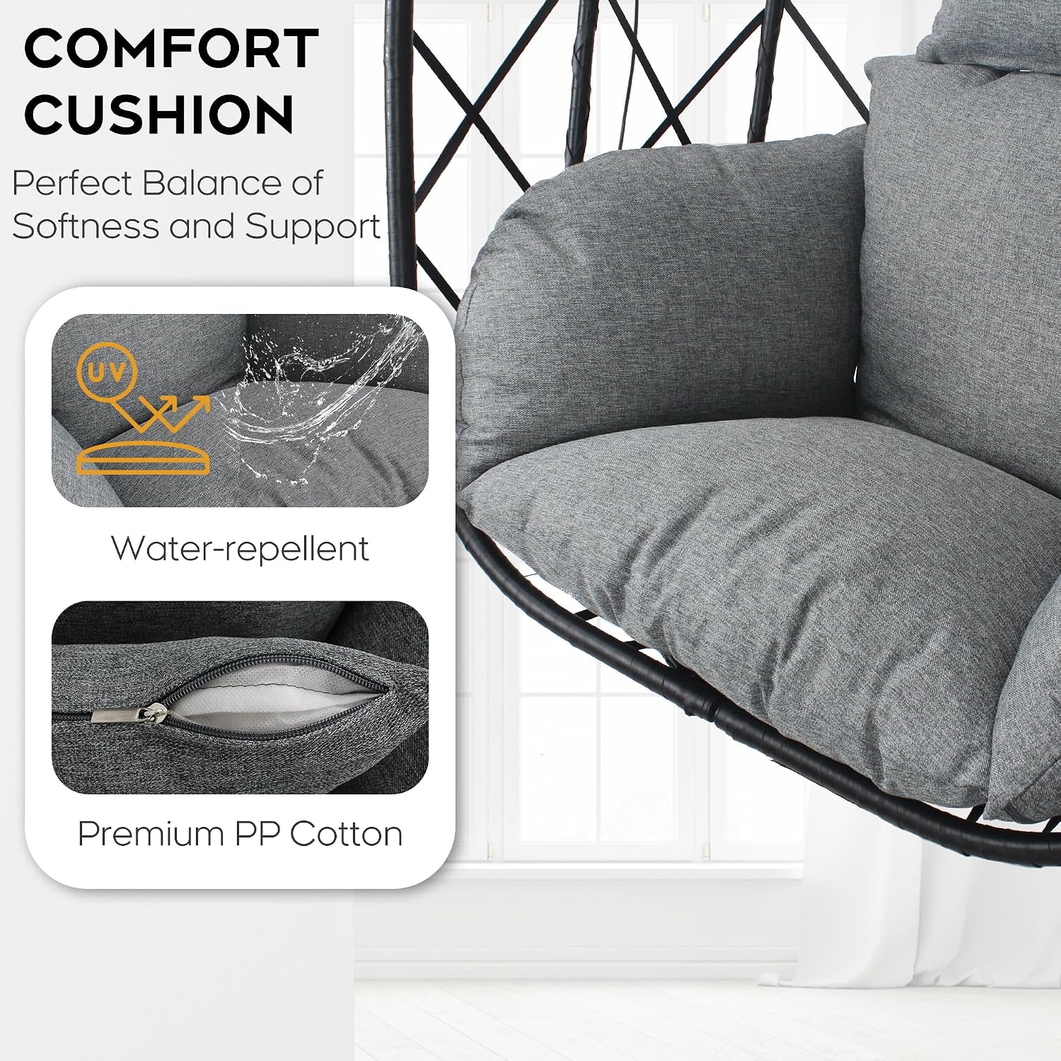 Foldable Hanging Egg Chair with Stand - Wicker Swing Hammock Chair with Cushion - for Patio Porch Balcony Weight Capacity 350lbs (Light Gray)