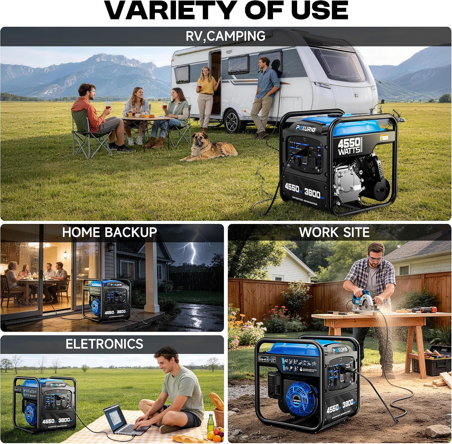 4550-Watt Portable Inverter Generator for Home Use, Open Frame Generator Gas Powered, Lightweight & Quiet for Home Use and Emergency Backup, EPA Compliant-Blue