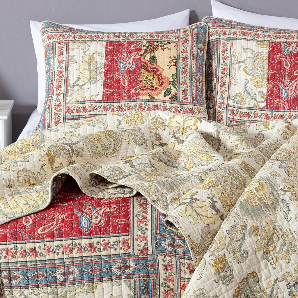 Chezmoi Collection Bambi 3-Piece Washed Patchwork Cotton Quilt Set - Soft Lightweight Breathable Reversible Floral Quilted Bedspread for All Seasons. King Size