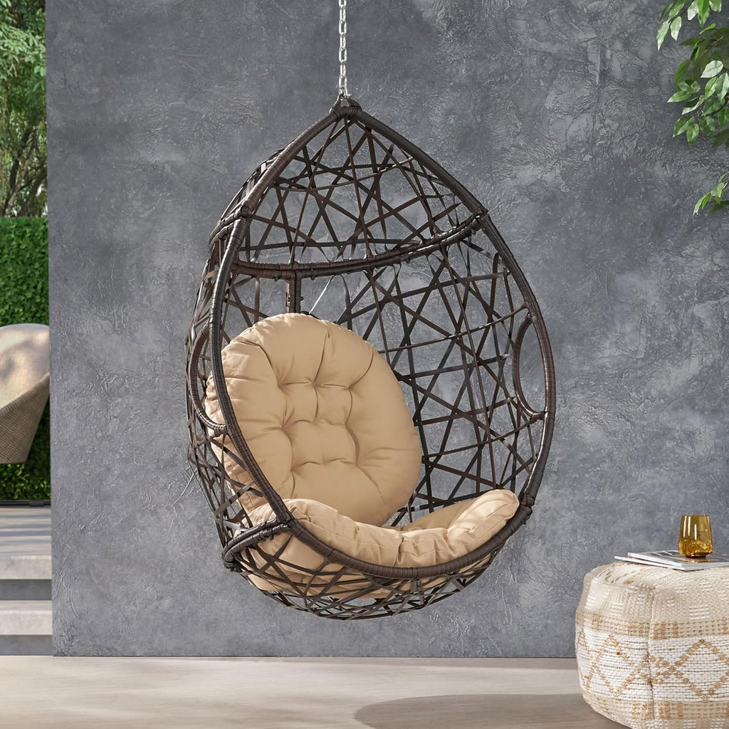 Wicker Egg Chair Outdoor with Cuhsion, Indoor Rattan Hanging Swing Egg Chair Without Stand for Bedroom Living Room, Patio Lounge Chairs for Balcony Backyard, Metal Frame, Brown