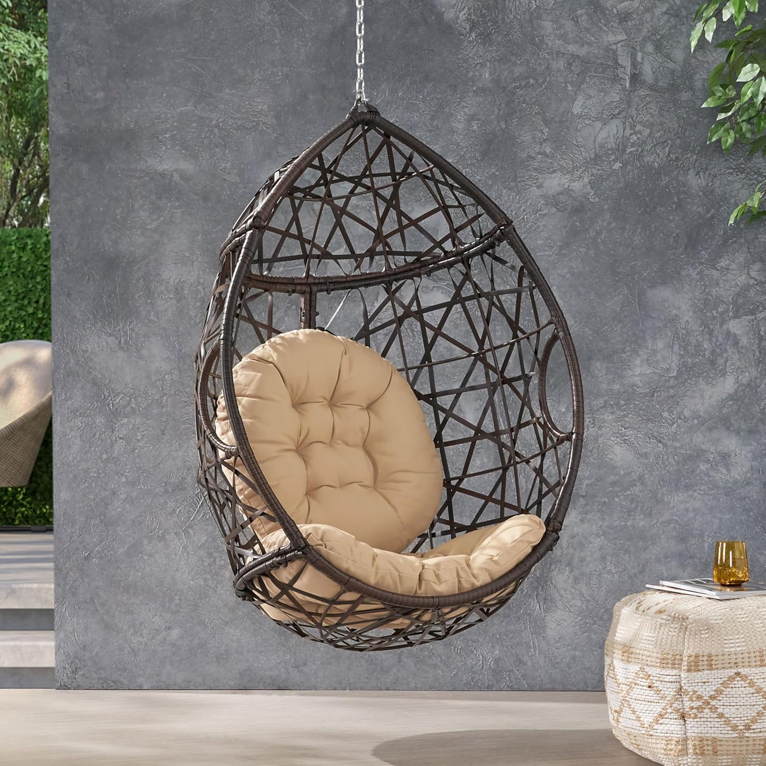 Wicker Egg Chair Outdoor with Cuhsion, Indoor Rattan Hanging Swing Egg Chair Without Stand for Bedroom Living Room, Patio Lounge Chairs for Balcony Backyard, Metal Frame, Brown