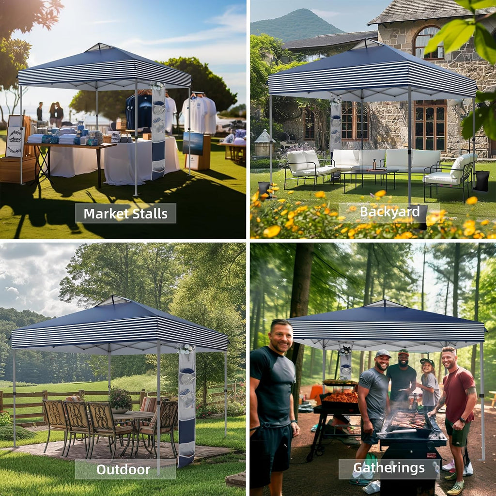 MFSTUDIO Pop Up Canopy Tent, 10x10 Outdoor Canopies One Person Push Set Up Tent Instant Portable Shelter Tents with Vented Top, Storage, 4 Sandbags, Beach Canopy,Blue Stripe
