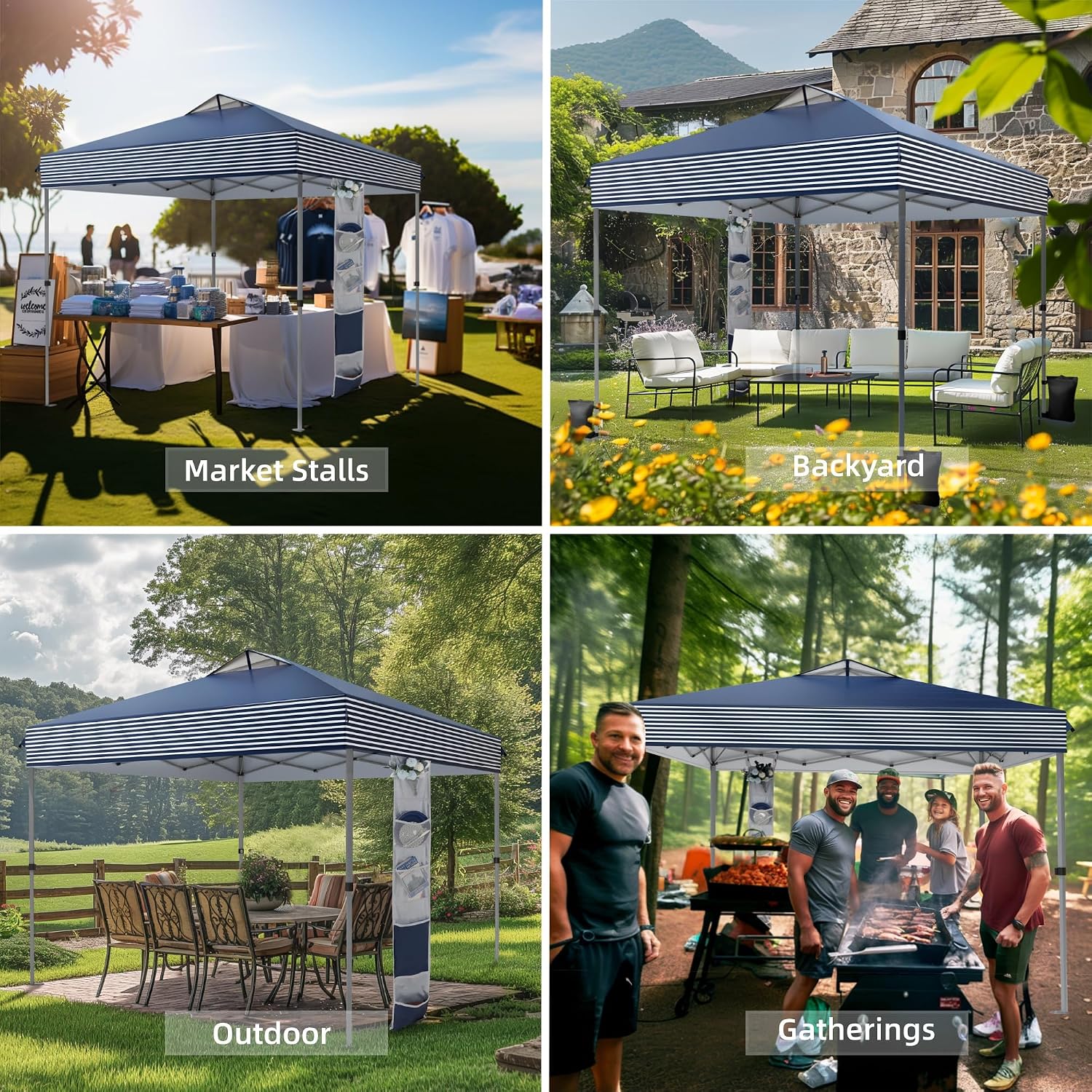 MFSTUDIO Pop Up Canopy Tent, 10x10 Outdoor Canopies One Person Push Set Up Tent Instant Portable Shelter Tents with Vented Top, Storage, 4 Sandbags, Beach Canopy,Blue Stripe