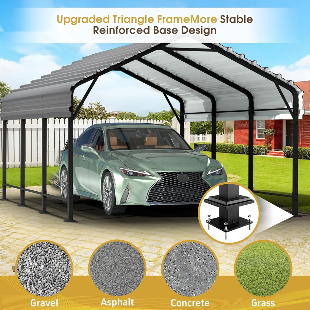 JAMFLY Carport, Heavy Duty Carport Canopy with Galvanized Steel Roof and Frame, Metal Car Garage Upgraded Extra Large Garage for Pickup, Boat, Car and Tractors, 12x15FT Grey