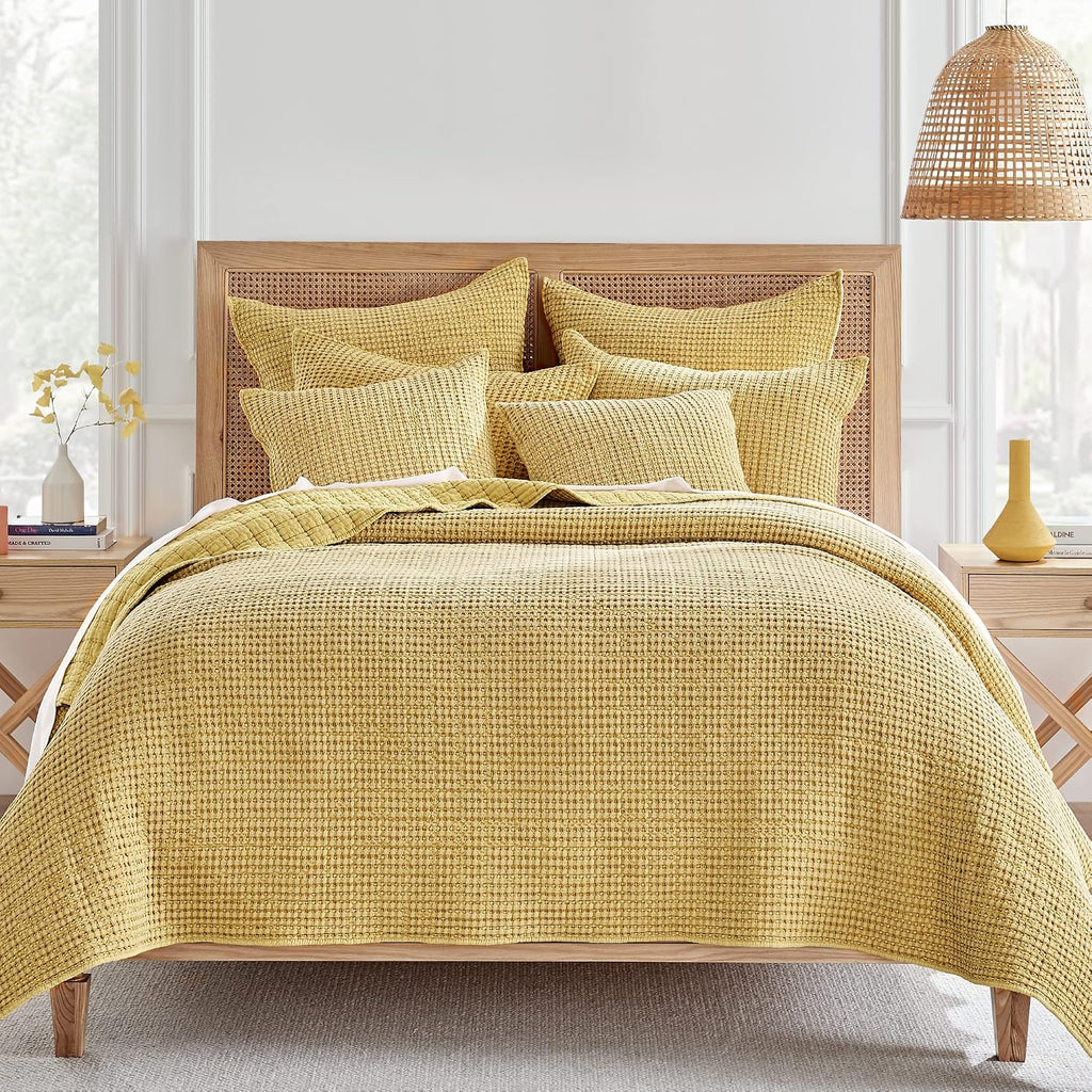 Levtex Home Mills Waffle Full/Queen Quilt Set (88x92in) with 2 Pillow Shams (26x20in) - Ochre - Cotton Waffle Full/Queen Size Quilt Bedding Set - Lightweight, Soft, Pre-Washed