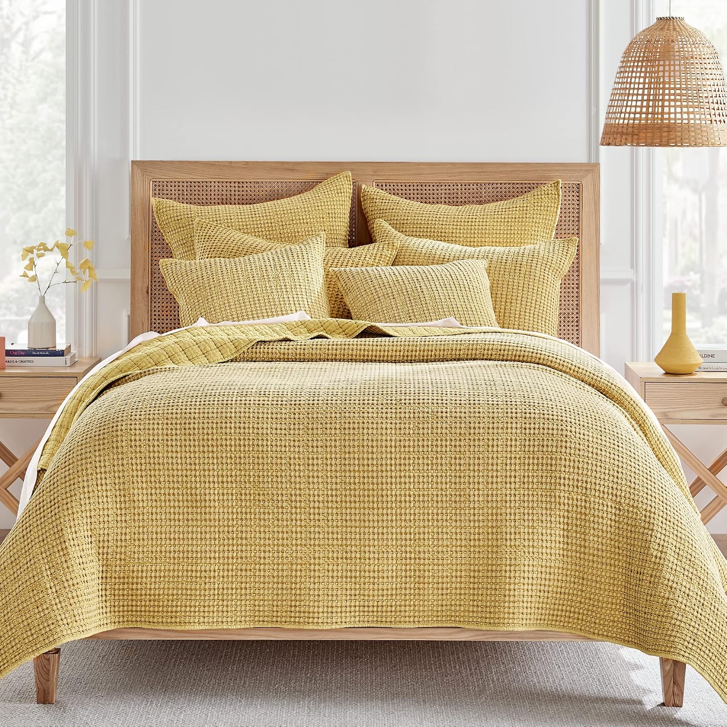 Levtex Home Mills Waffle Full/Queen Quilt Set (88x92in) with 2 Pillow Shams (26x20in) - Ochre - Cotton Waffle Full/Queen Size Quilt Bedding Set - Lightweight, Soft, Pre-Washed