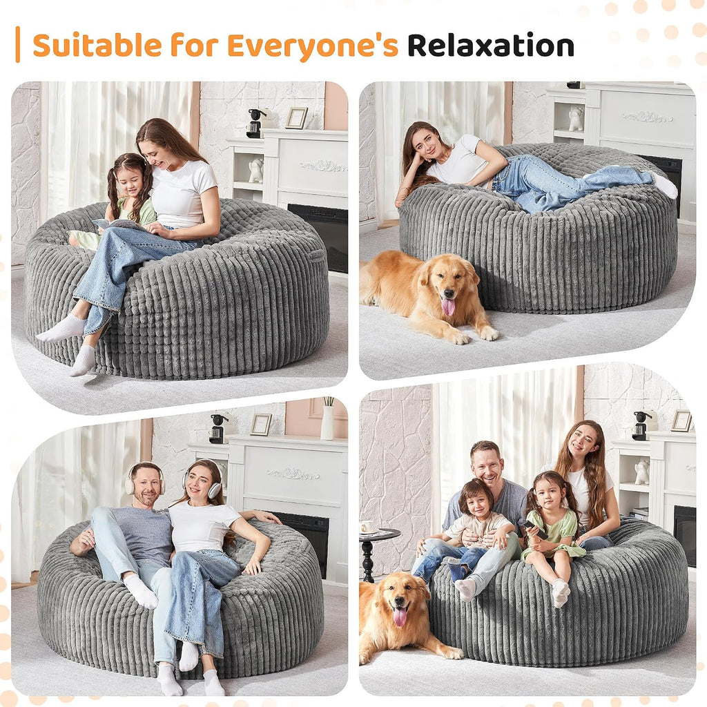 HABUTWAY 5FT Bean Bag Chair, 5' Large Bean Bag Chairs for Adults with Removable Stripe Plush Cover, Memory Foam Beanbag Chair for Living Room Bedroom Dorm (Grey)