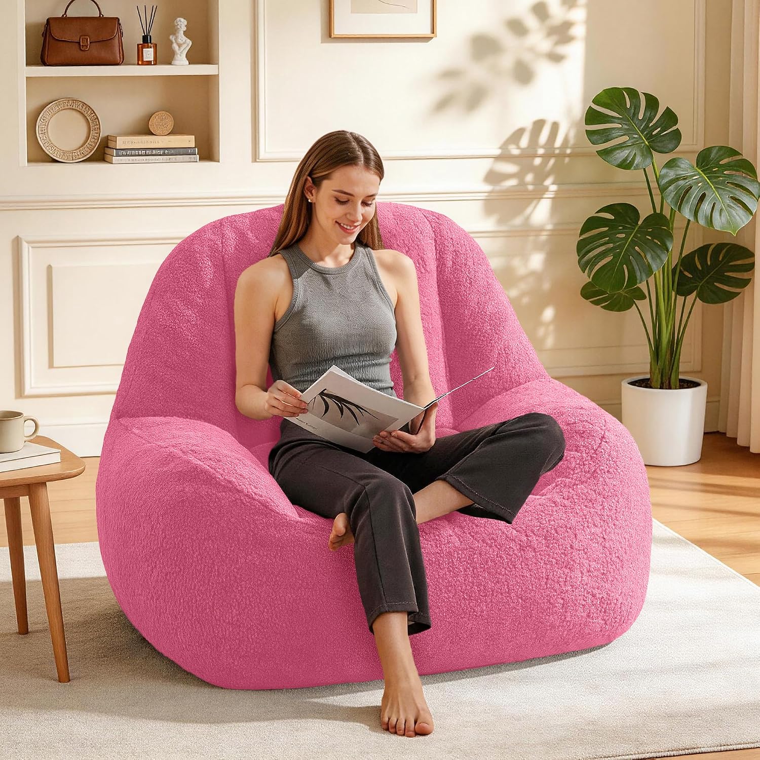 Homguava Bean Bag Chairs for Adults,Giant Beanbag Couch Adult Bean Bag Chair with Filler Included,Modern Lazy Sofa Comfy Chair for Living Room(Pink)